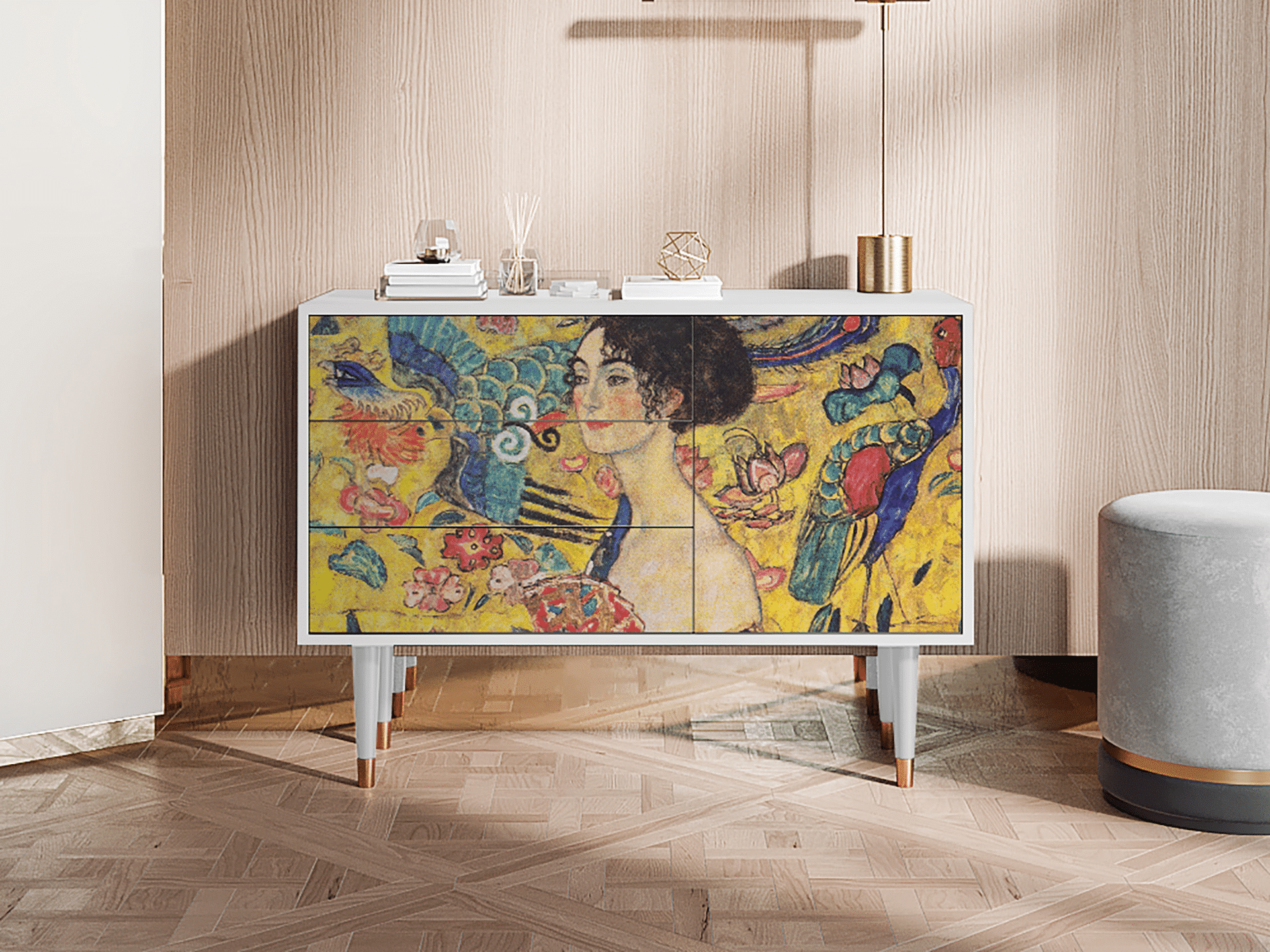 Sideboard - STORYZ - S3 Lady with Fan by Klimt - White Sideboard - STORYZ - S3 Lady with Fan by Klimt - White