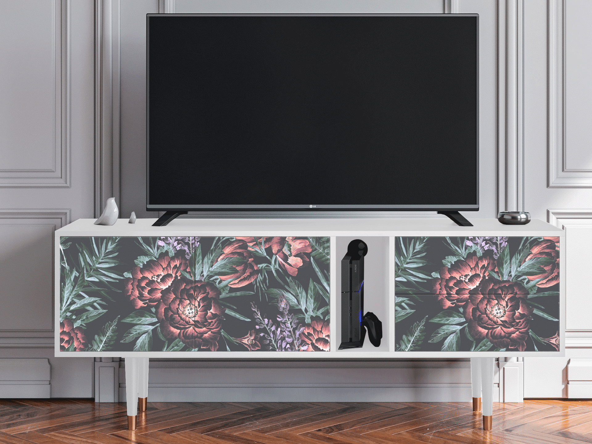 Sideboard - STORYZ - T1 Dark Peonies - White Sideboard - STORYZ - T1 Dark Peonies - White